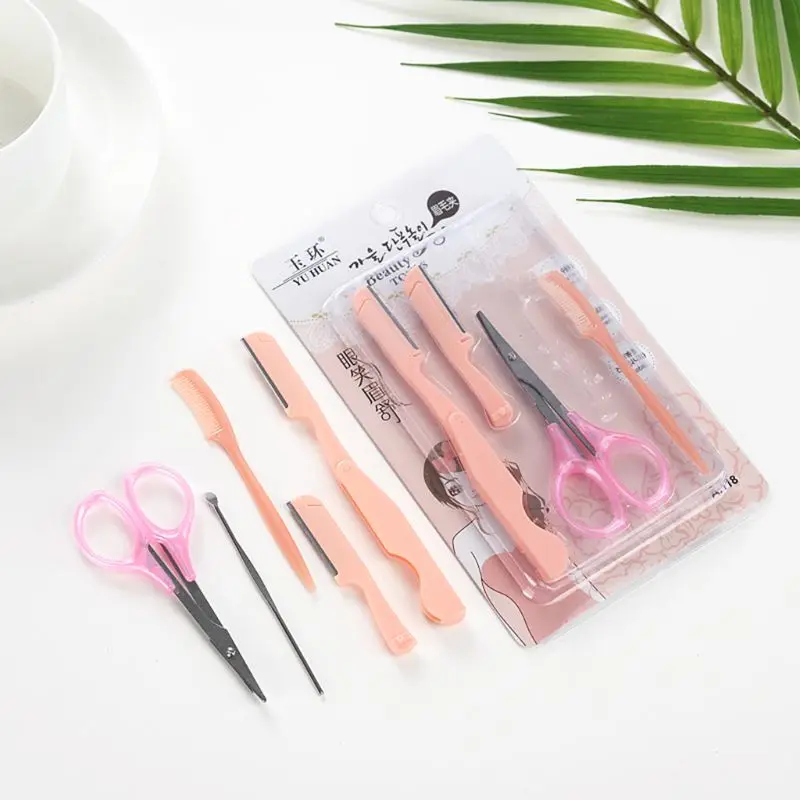 

5Pcs Portable Folding Eyebrow Razor Set Professional Grooming Scissor Shaper Comb Ear Spoon Trimmer Makeup Beauty Tools Kit