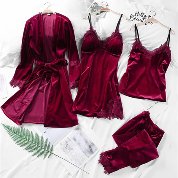 wine red Fdfklak, осень, золотой бархат, 4 шт., домашняя одежда для женщин, пижамные комплекты, пижама, сексуальное женское белье, пижамы, женская одежда для сна, Q1409 - Цвет: wine red