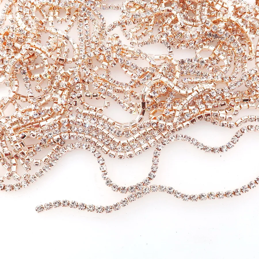 

5 yards/Roll Champagne gold base claw rhinestone chain 5 sizes 2mm 2.5mm 2.8mm 3mm 4mm high density Sew On glue on diy trimming