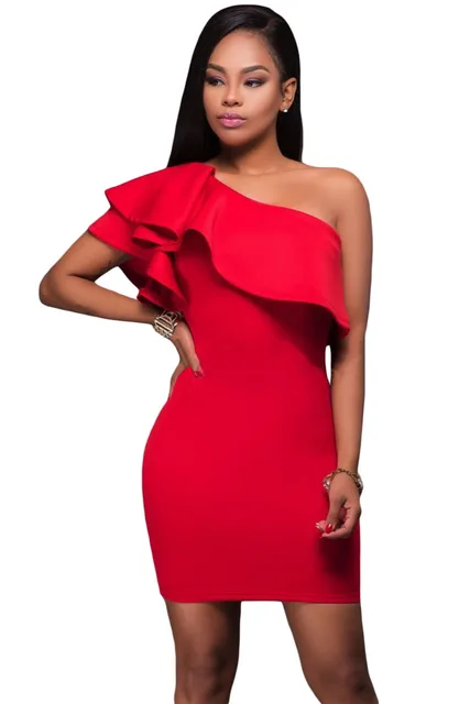 black asymmetric ruffled neckline bodycon mini dress little white