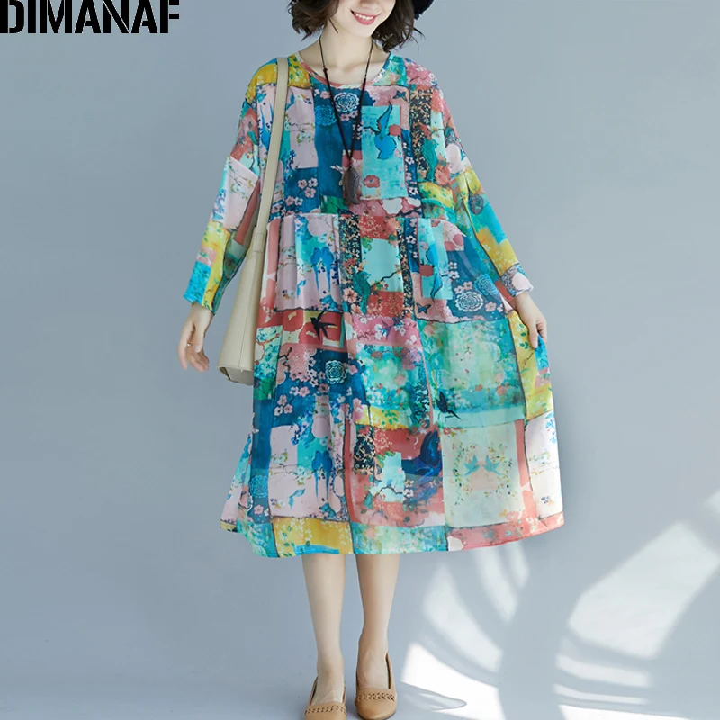 

DIMANAF Plus Size Women Beach Dress Summer Sundress Chiffon Female Elegant Lady Vestidos Loose Holiday Print Dress With Lining