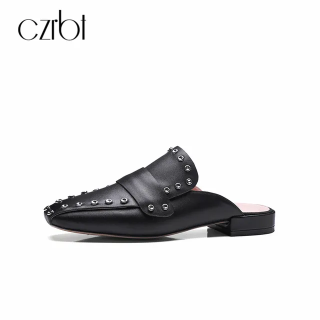 CZRBT 2018 Slippers Women Summer Genuine Leather Rivet Mule Shoes Plus Size Casual Flat Sandals Outside Ladies Fashion Slides