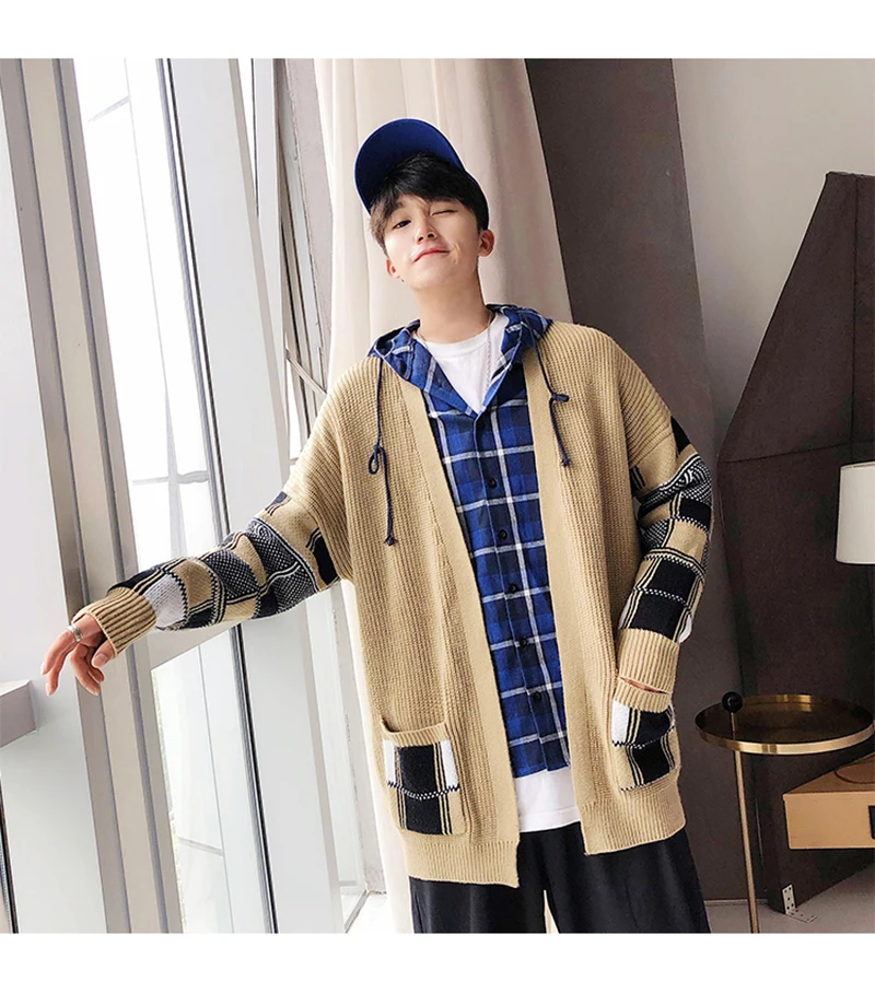 Korean Oversized Sweater Cardigan Men Plaid  (5)