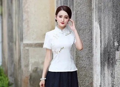 SHENG COCO Женская традиционная китайская Блузка Топы Ципао летняя блузка с коротким рукавом вышивка Cheongsam блузка Китайская одежда - Цвет: white Blouse