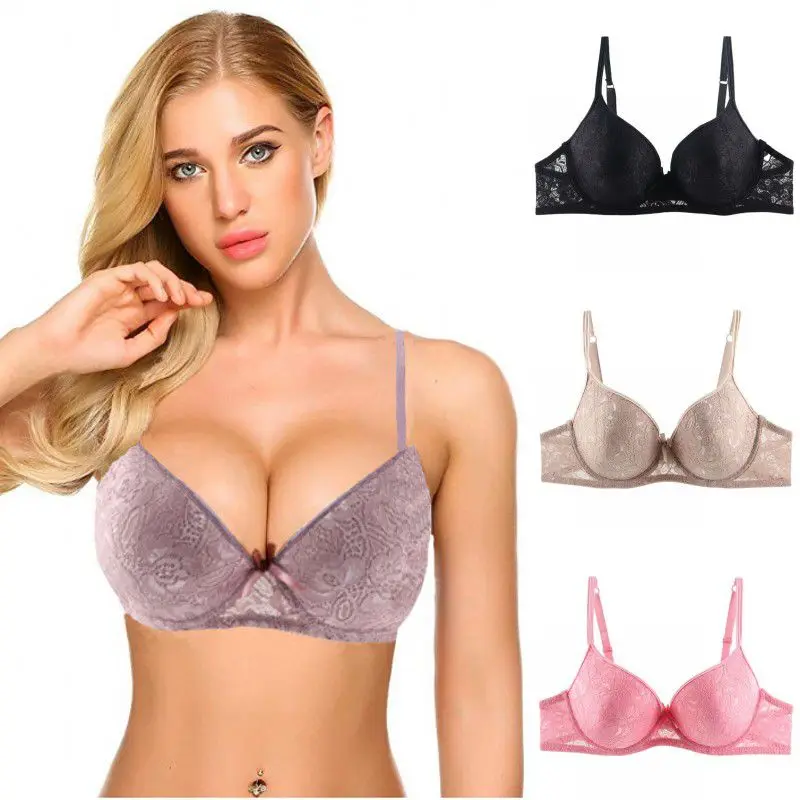 

Women Full Cup Push Up Bras Lace Floral Rimless Gathered Women Bras Back Closure Under Wire Padded Underwear Bralette