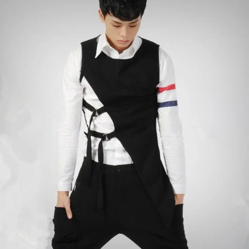 

Men asymmetric design hip hop vest space cotton punk rock star costume nightclub DJ singer stage sleeveless jacket waist coat