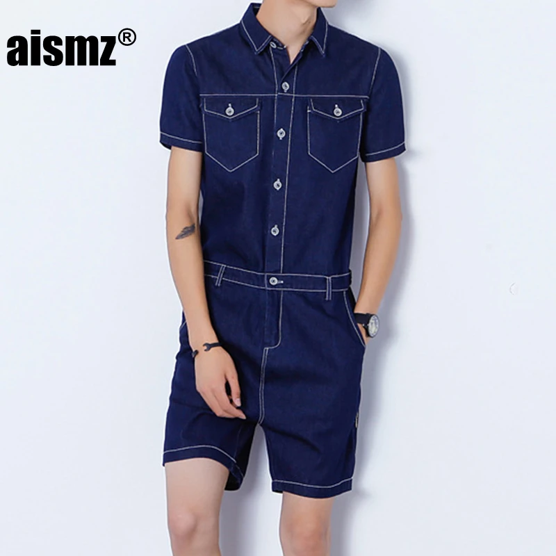 Men Short Sleeve Jumpsuit Plain Loose Romper Button Playsuit Cargo Work Pants US