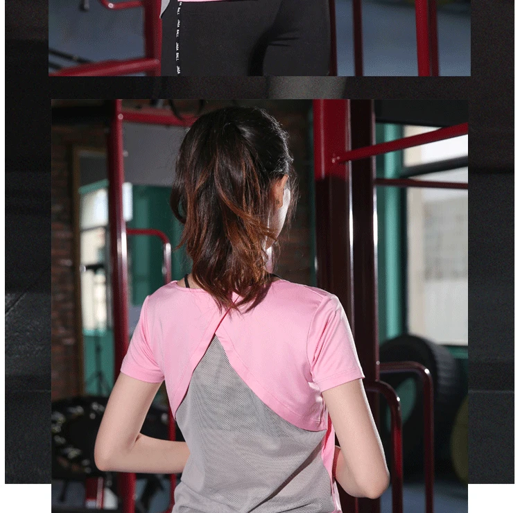 Короткий рукав сетки женские футболки для йоги сзади Разделение обёртывать накрест Фитнес футболка Mesh Back Yoga Top топы спортивные спортивная
