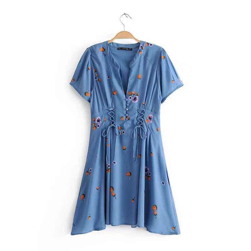 yinlinhe Floral Lace Up Summer Dress Short Sleeve Blue Slim Waist Sexy Women Beach Dress V neck Elegant Bohemian Vestidos  4