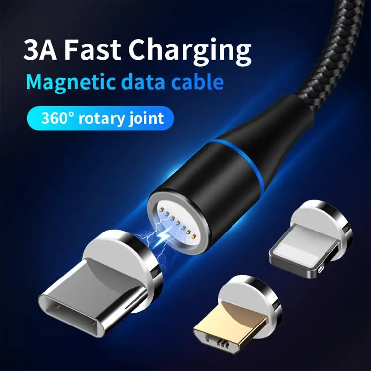 

1m/2m 360 Degree Rotation LED Magnetic Cable for IPhone X XR 7 6 3 In 1 Charger Cable for Samsung Huawei 3A Fast Charger