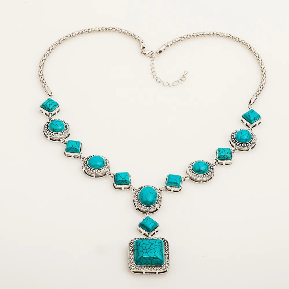 Хорошее качество серебряное ожерелье с бирюзой ювелирное изделие модное ретро геометрическое ожерелье с бусинами из камней для женщин