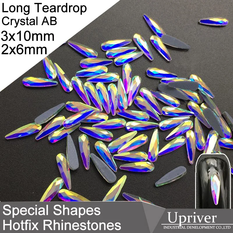 

Upriver 3x10mm/ 2x6mm High Quality Special Shape Crystal Clear Crystal AB Hotfix Rhinestones Long Teardrop Hotfix Rhinestones