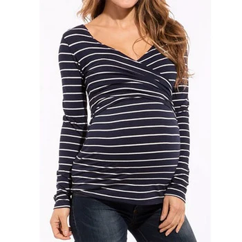 

Maternity Clothes Funnies Premama T-shirt Maternity Striped Breastfeeding Tops V Collar Functional Tees Ropa Premama Outfits