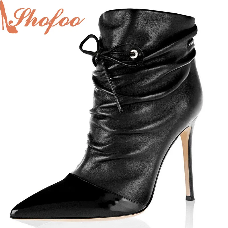 Shofoo Women Fashion Genuine Leather High Heel Pumps Thin Heel  Ankle Boots Shoes Woman Handmade For Party&Dress,Plus Size 4-16