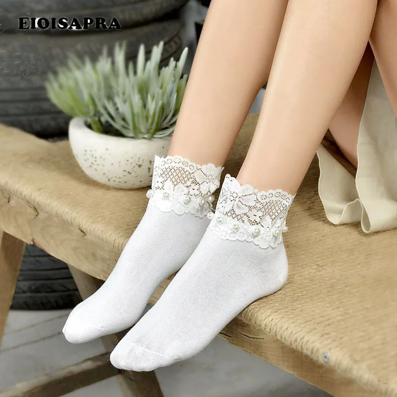 

[EIOISAPRA]2 Colors Spring/Summer New Product Women's Cotton Lovely Fashion Retro Imitation Pearl Socks Handmade