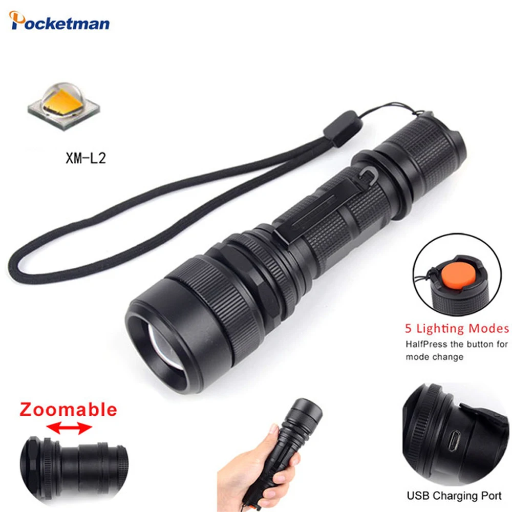 High Powered LED Flashlight XML L2 Zoomable Water Resistant 5 Modes High Lumen Camping Outdoor