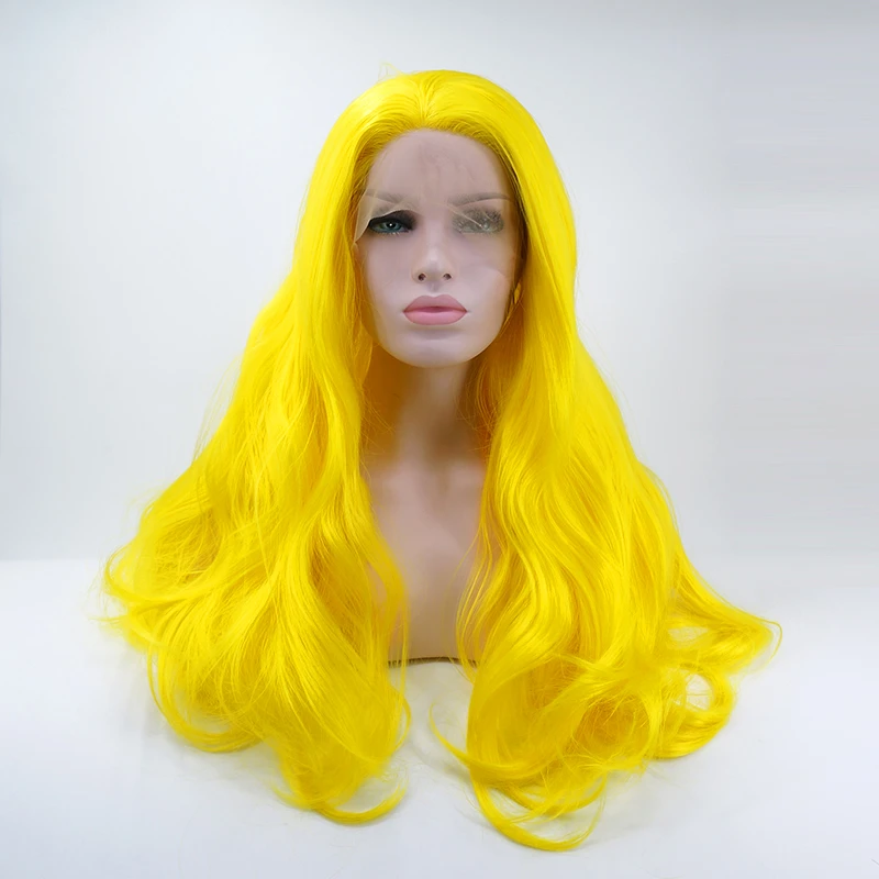 24" Yellow Natural Curly Daily Long Lace Front Synthetic Hair Wig Heat