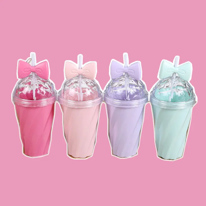 

Candy-colored straw cup Lovely Bowknot Straw Cup Plastic Cup with Lid Straw Water Fruit Juice Drink Cup Portable Bottle Mug