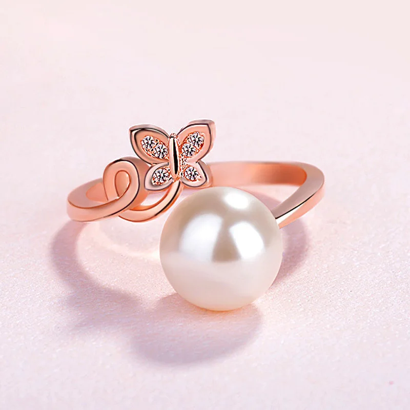 

MOONROCY Imitation Pearl Ring Silver / Rose Gold Color Open Butterfly CZ Rings for Women Gift Dropshiping Jewelry Wholesale Gift