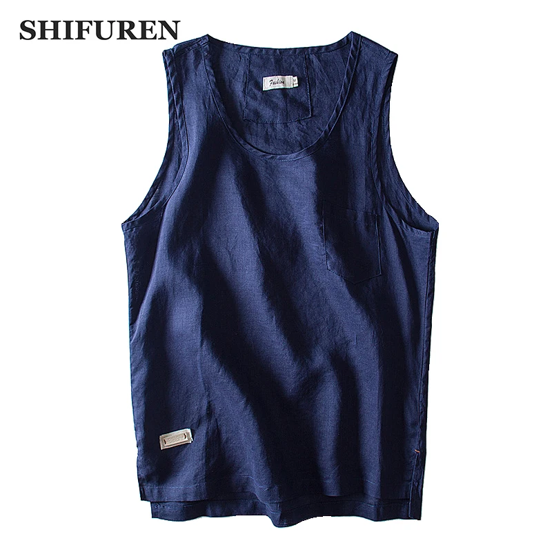 

SHIFUREN New Summer Men Sleeveless Shirts Soft Breathable Linen Cotton Tanks Male Causal Tops Tees Solid Color Big Size M-XXXL
