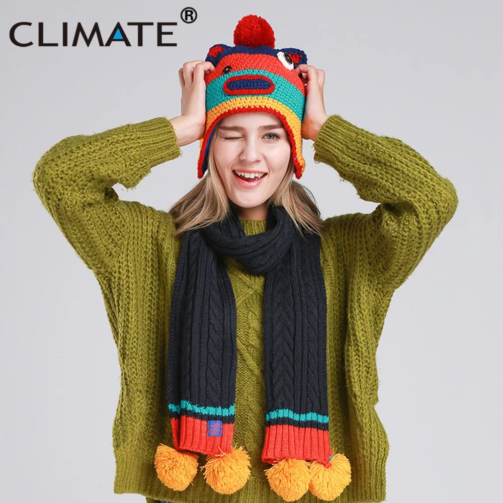 CLIMATE Funny Women Winter Scarf And Hat Set Girls Winter Lovely Warm