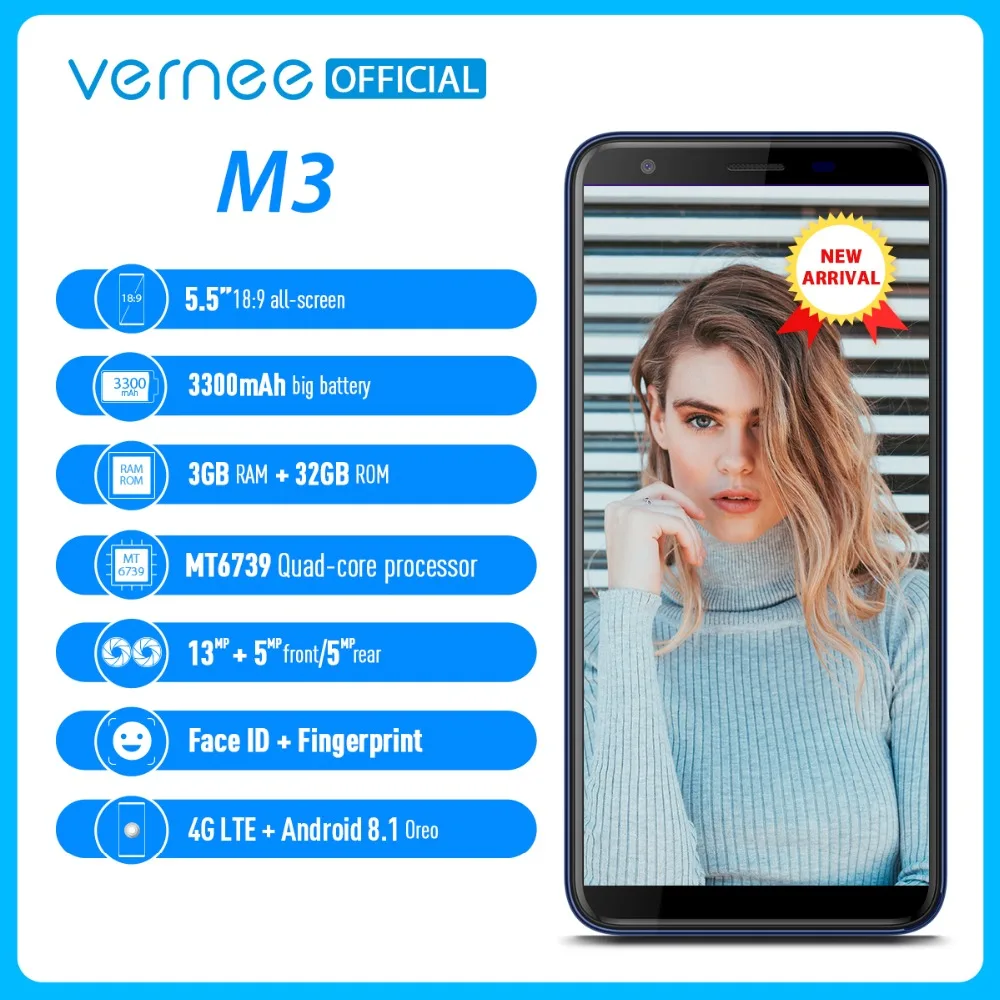 Vernee M3 5.5'' Full Screen Smartphone 3GB 32GB Quad-core Cellphone Android 8.1 3300mAh Face ID Fingerprint 4G LTE mobile phone