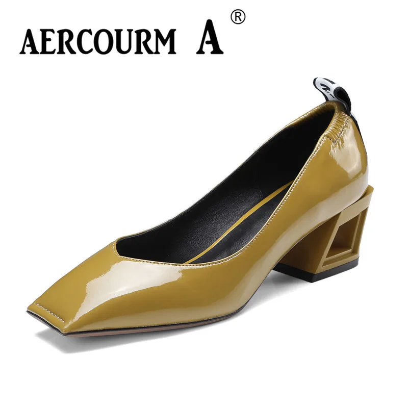 

Aercourm A 2018 Spring Women Solid Color Pumps Square Toe Genuine Leather Shoes Square Heel Middle Heels New Black Shoes DTN97