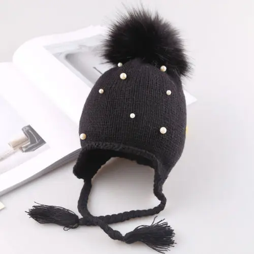 Дети для девочек и мальчиков; детская шапка зимняя теплая вязаная мяч крючком вязаная шапка, шапочка Кепки - Цвет: Черный