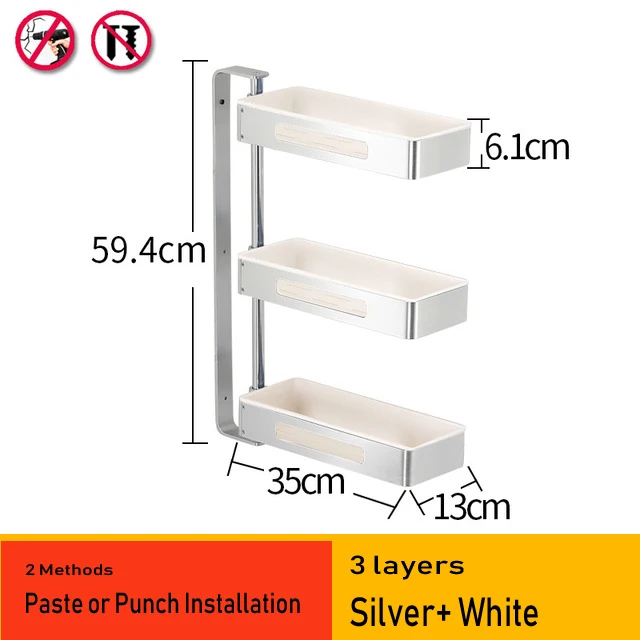 Кухонные стеллажи из алюминиевого сплава, держатели, вращающийся многослойный настенный стеллаж для приправ, стойка для хранения в ванной, 08168 - Цвет: Silver White 3 layer