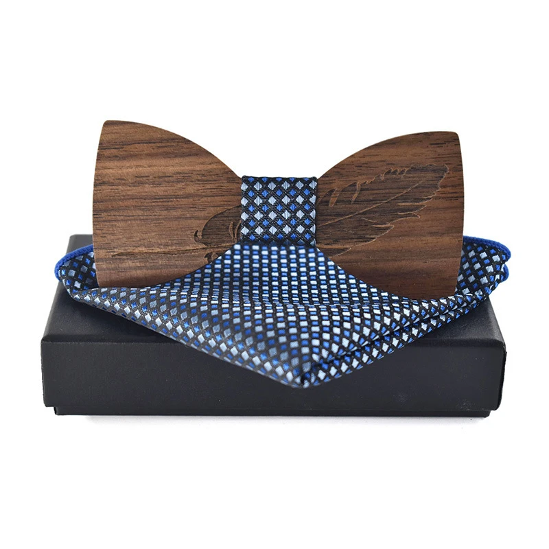 

Wood Bow Tie for Mens Handkerchief Polyester Pocket Square Wooden Bowtie Business For Men's Wedding Party