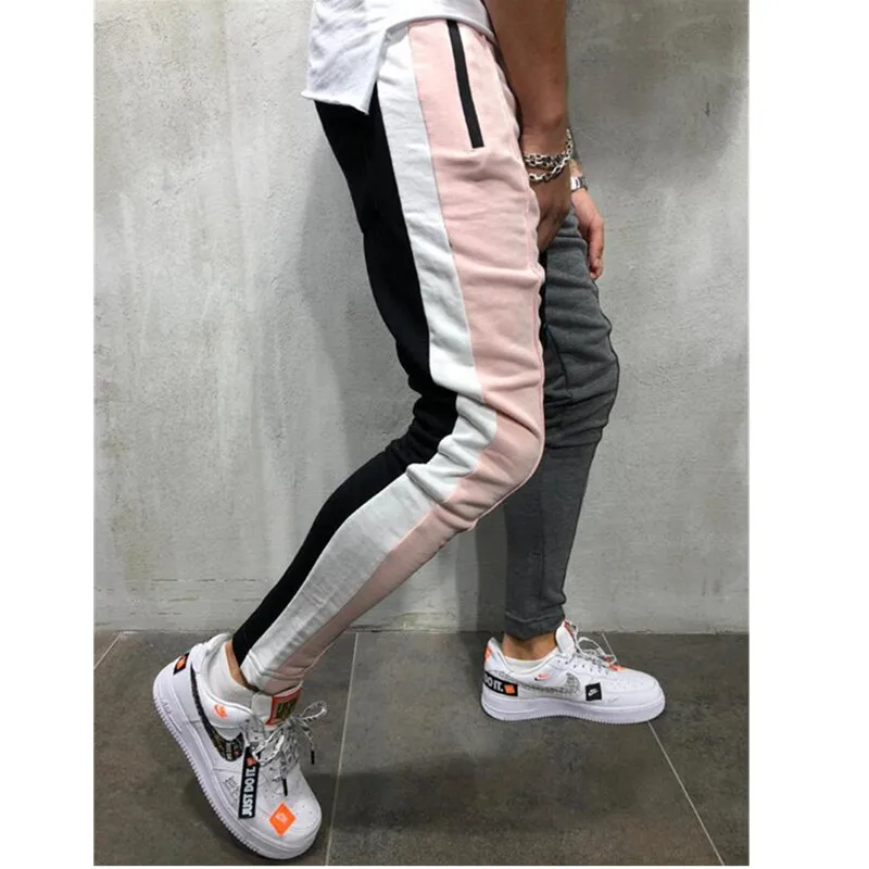 Мужские Slim Fit Пот Штаны Drawstring полосатый спортивный Цвет Блок Лоскутная Бег Брюки