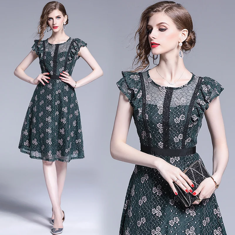 

Designer Dresses Runway High Quality New temperament lace hollow waist slim women dress female long section