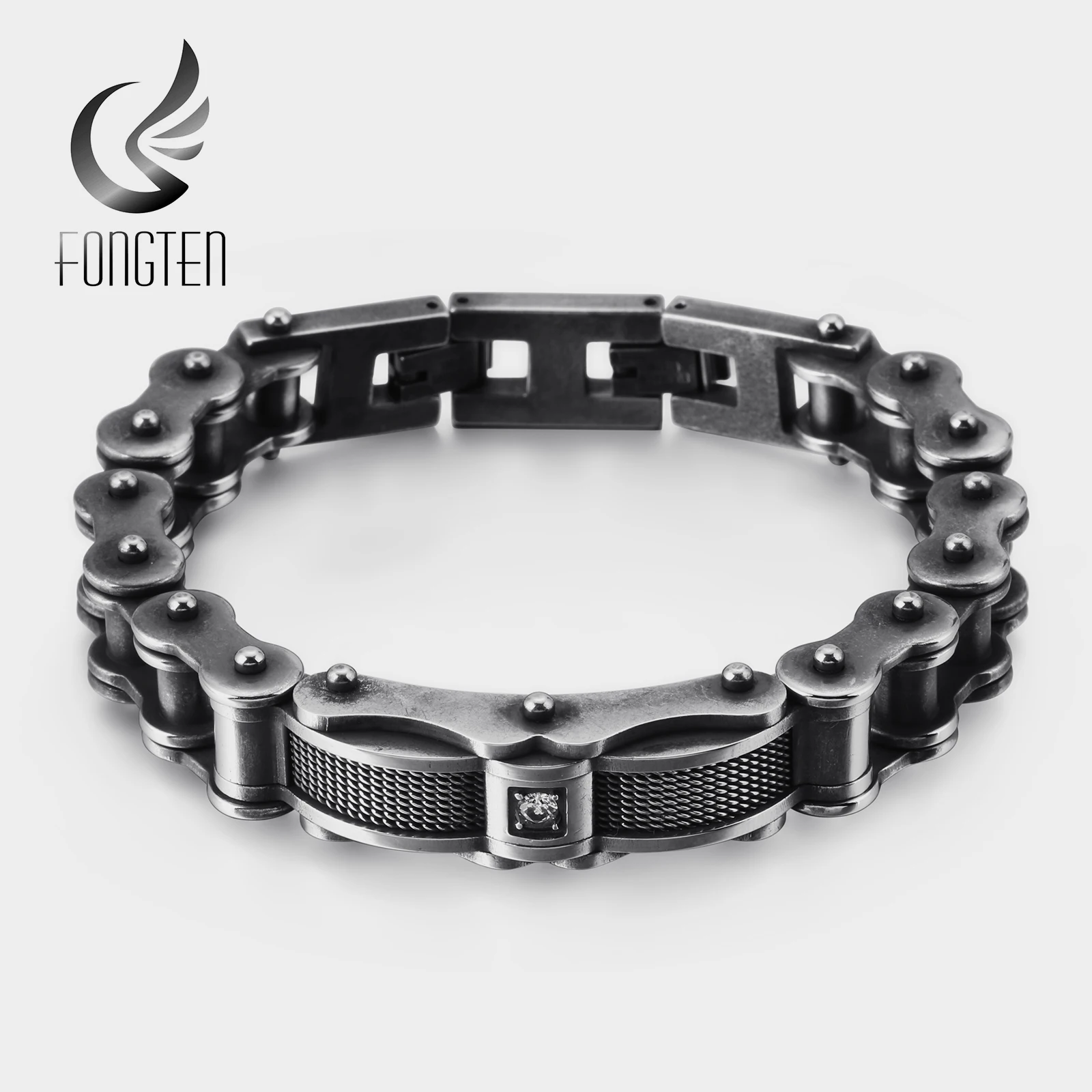 

Fongten Vintage Black Bicycle Chain Zircon Stainless Steel Biker Bracelet Men Bangle Fashion Jewelry Gift Never Fade