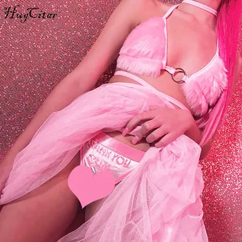 

Hugcitar pink fur sexy camis winter women new fahison sexy club V-neck backless bandage caop tops Christmas party club tees