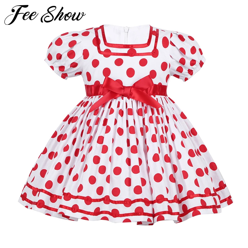 Рождественский Карнавальный костюм для маленьких девочек Белое и красное праздничное платье-пачка в горошек с короткими пышными рукавами