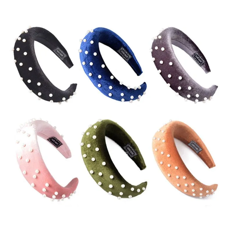 

European Retro Ladies Padded Thicken Sponge Wide Headband Imitation Pearl Beaded Hair Hoop Velvet Solid Color Banquet Headpiece