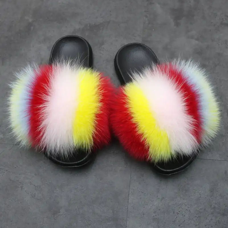 Fox Fur Slippers Woman Summer Non Slip Fur Hair Shoes Sandals,Red Plus Fox