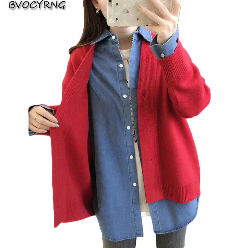 Best Price Knit Cardigan Jacket Women 2019 Spring Autumn solid color sweater knit fake 2-piece Loose coat female V-neck Casual Tops A1356