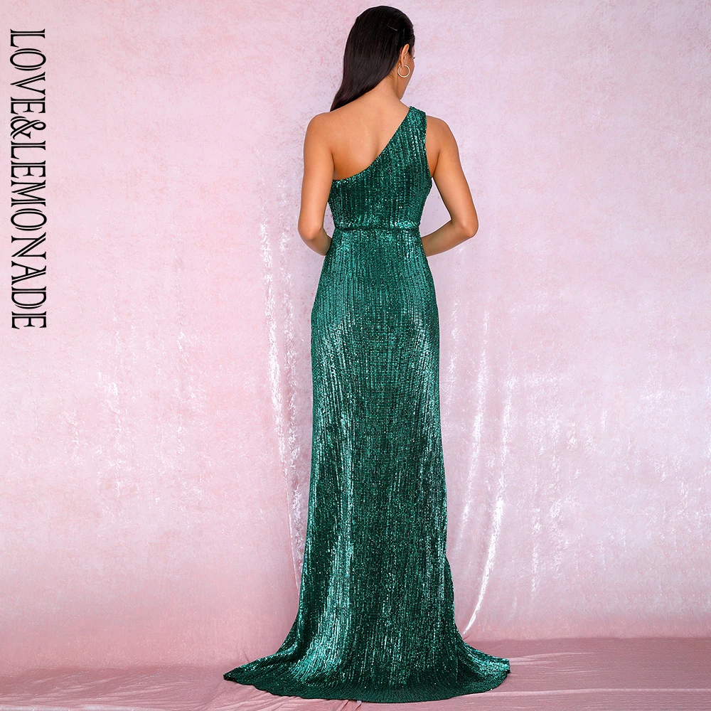 LOVE&LEMONADE Sexy One Shoulder Cut Out Green Cross Split Sequin Bodycon Maxi Dress LM81952 Autumn/Winter