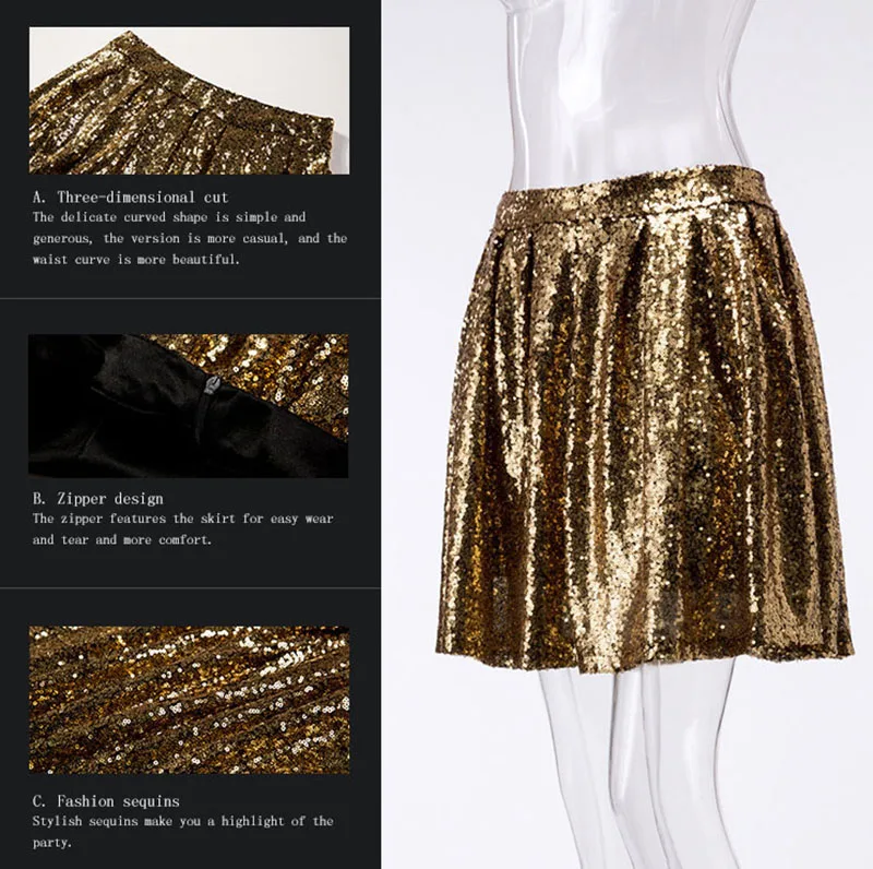 SEBOWEL, новинка, модная женская плиссированная летняя юбка с золотыми блестками, блестящие мини юбки, короткие женские вечерние блестящие юбки