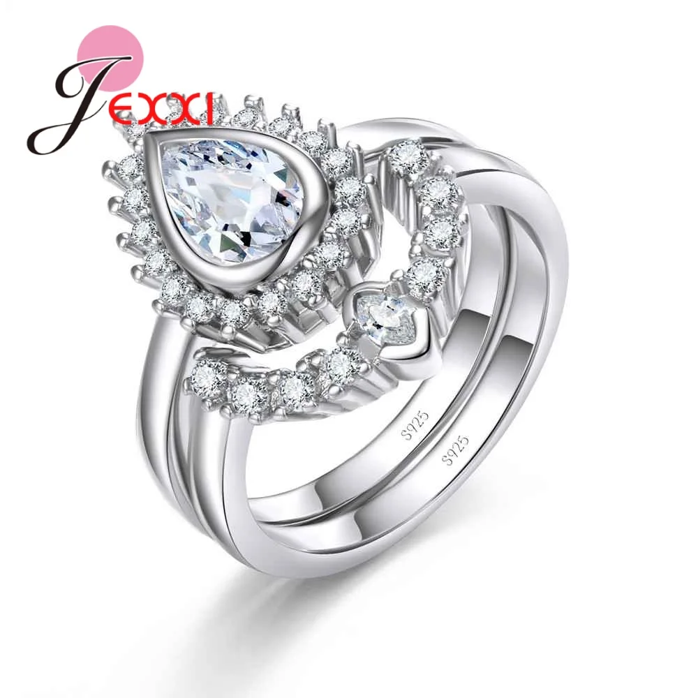

2PCS Fashionable Women Wedding Anniversary Band Ring Sets Filled Waterdrop Rhinestones 925 Sterling Silver Finger Anel
