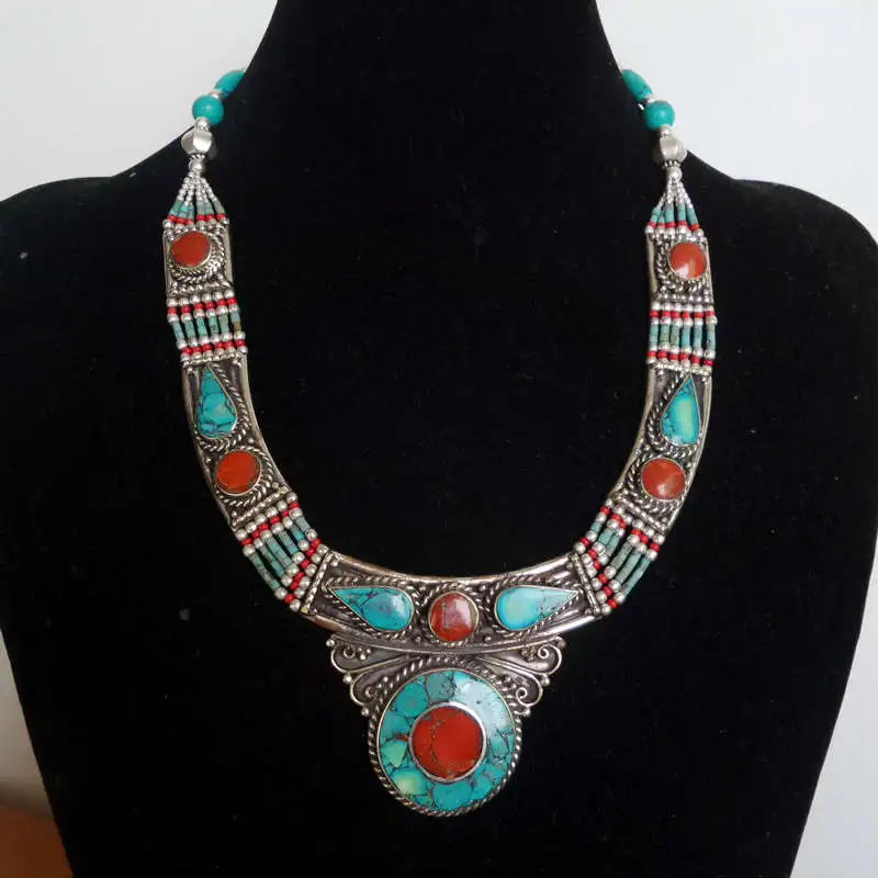 TNL153 Nepal Indian Copper inlaid Colorful Stone Big Pendant Necklace Free Ship 2017 New