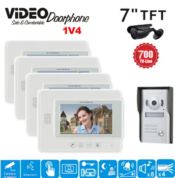 

ZHUDELE Door Phone Monitor Video Doorbell Camera Intercom 1V4 Home Security 4 Indoor LCD Screen Display 1 700TVL Pinhole View