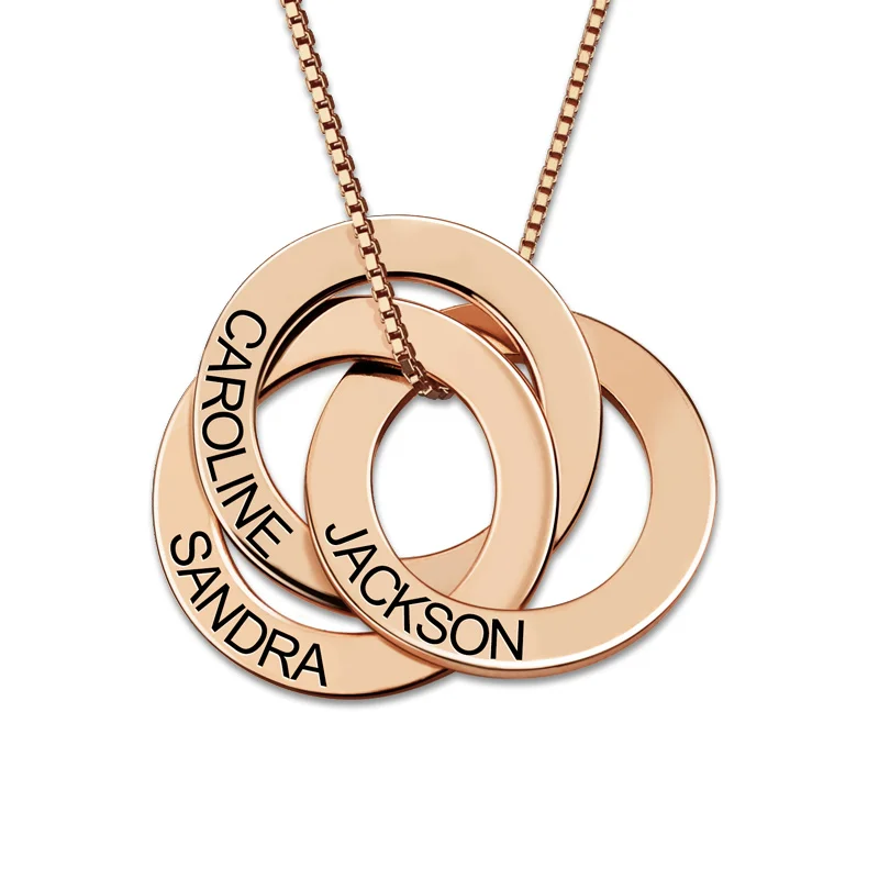 Personalized Russian Interlocking 3 Circles Family Necklace with 3 Names Sterling Silver Necklace Gift for Mother