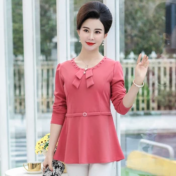 

Bow Collar Tee Tops For Women Camisas Mujer Spring Plus Size Middle Age Mother Slim Pullover Solid Long Sleeve Tshirt Clothes