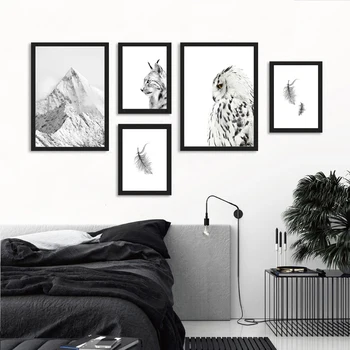 

Nordic Black and White Abstract Minimalism Feather Canvas Painting Modern Animal Poster Cat Owl Mountain Room Decor Wall Picture