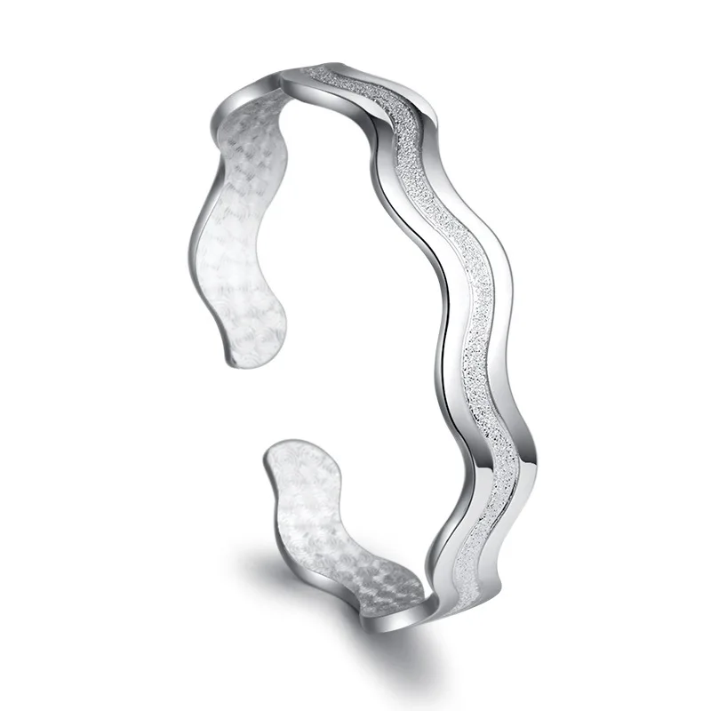 

2019 Personalized Wave Armband Women Wrist Band Geometry Girls Silver Bracelet Femme Argent Engraved Open Bangle SB031