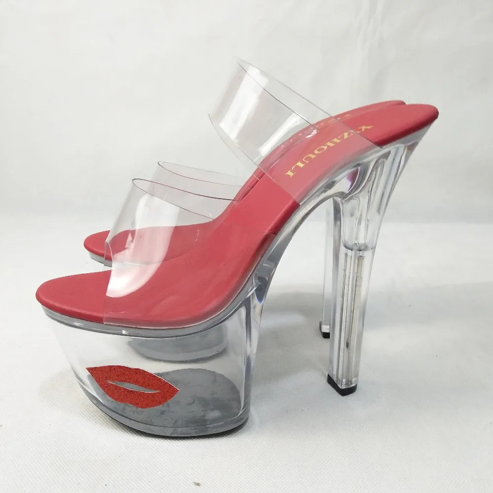 Sexy Crystal Shoes 17cm Ultra High Heels Exotic Dancer Red Lips Platform Slippers Night Club 8 Inch High Heels Fetish