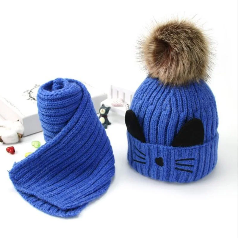 Cartoon cat hairball beanies sets velvet wool kids Child Knitted fur hats winter fur inside 2 pcs baby girl scarf hat set - Цвет: Королевский синий