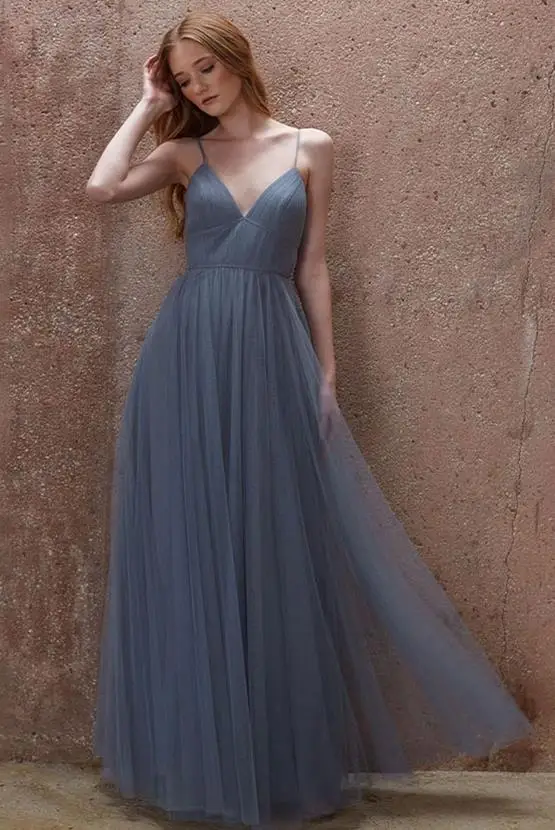 blue gray Sukienka druhna2019 Новое сексуальное Тюлевое платье с v-образным вырезом трапециевидной формы, серое, зеленое, бордовое, синее, серое, свадебное платье, длинное, vestido dama de honor bo - Цвет: blue gray